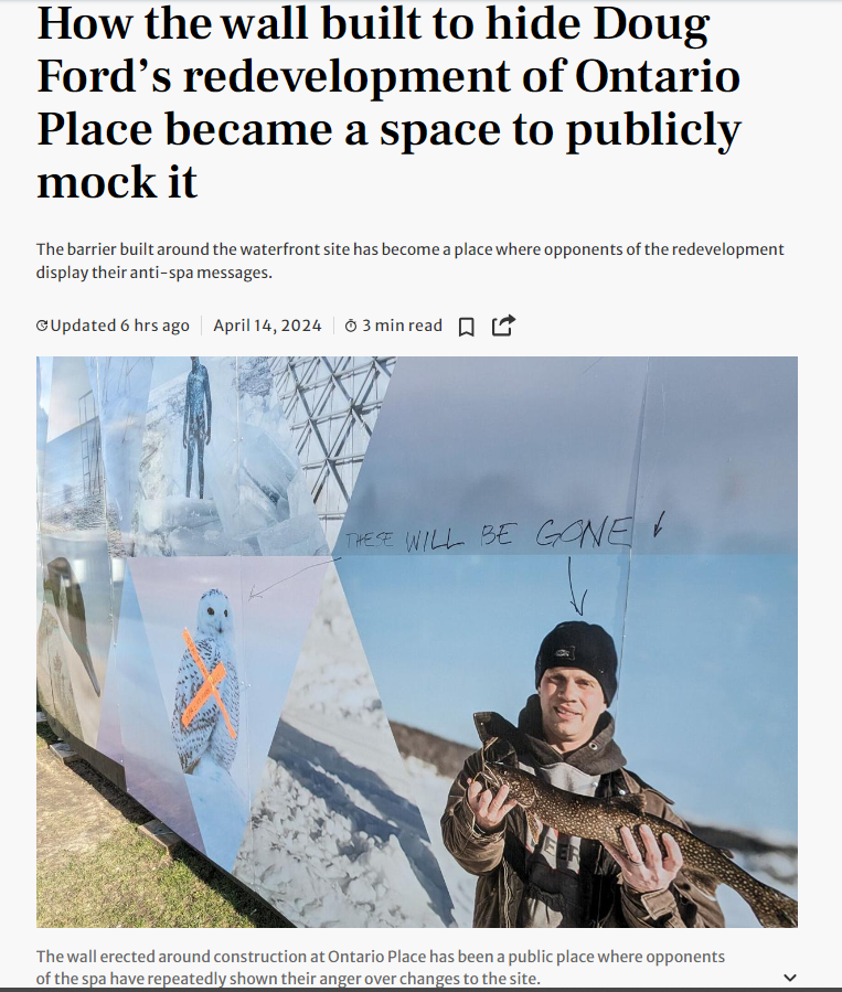 👏 'It’s the Great Wall of Ontario.' Citizens, environmentalists & artists alike continue to turn the barrier at #OntarioPlace into a powerful protest symbol & a message of unity: 'never give in.'
#onpoli #DougFord #development