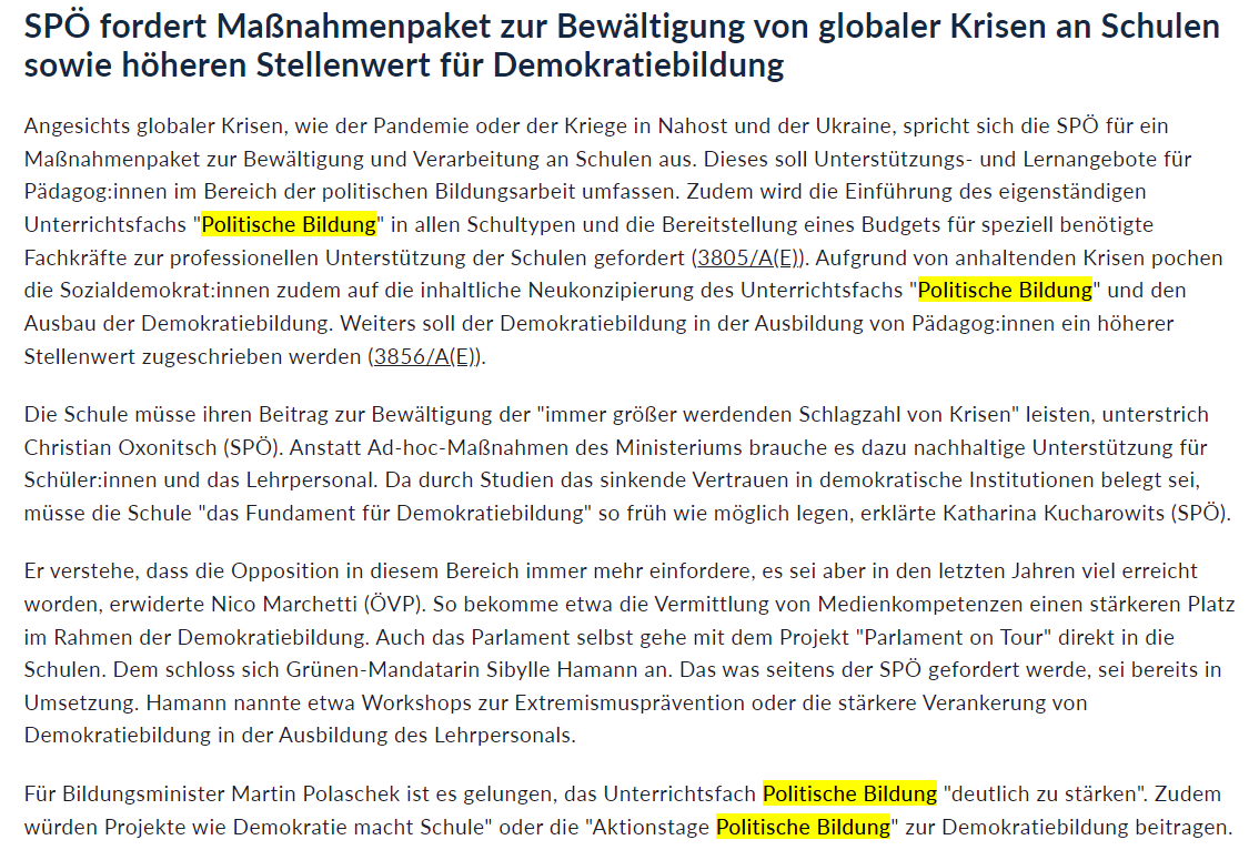 #PolitischeBildung war am Donnerstag Thema im Unterrichtsausschuss im @OeParl - Bildungsminister Martin Polaschek nannte die Aktionstage Politische Bildung/#atpb24 als Beispiel guter Praxis für die #Demokratiebildung
@stoeckl_peter @paralessi @Zentrum_polis @YEP_Austria @MPasterk