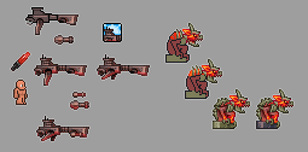 Assortment of Spritework I've done for a Terraria mod I'm working on with a friend (There's way way more that I'm not showing here)