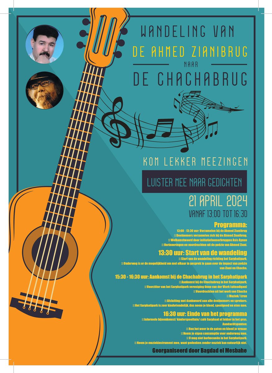 Op zondag 21 april is er een wandeling plaats tussen de Zianibrug en Chachabrug ter ere van deze twee #Riffijnse dichters. Tijdens de wandeling zullen we gedichten voordragen, muziek maken en natuurlijk de geest van Ziani en Chacha weer tot leven brengen#Amsterdam