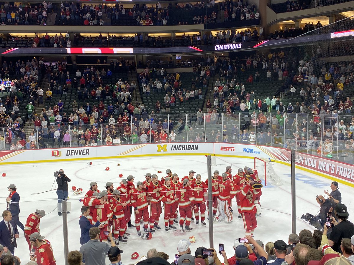 DrEvaParker's tweet photo. Still on cloud 9 from that win. My @UofDenver Pioneers ❤️shut out #1 Boston College 2-0 last night in the #mfrozenfour @NCAAIceHockey finals to reach a historic 10 championships! What a game. Amazing to see them make history in person in MN. #GoPios 🏒🥳 https://t.co/i8pDI3hXcD