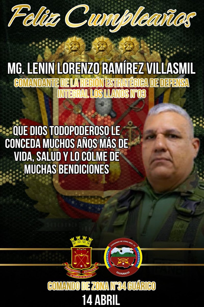 El GB Eduardo González Correa, en nombre de todo el personal militar y no militar del Comando de Zona N°34 Guárico, felicita al MG Lenin Lorenzo  Ramírez, Comandante de la REDILL, hoy en su cumpleaños. ¡Bendiciones! 

#14Abr