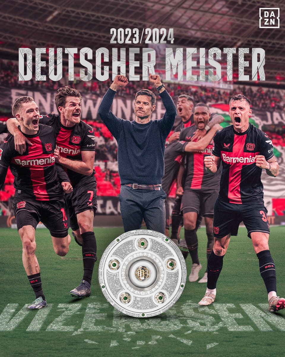 DAZN_DE's tweet photo. Es ist vollbracht und sowas von VERDIENT 🏆✅ 

Bayer Leverkusen krönt sich nach einer unfassbar starken Saison bereits am 29. Spieltag erstmals in der Vereinsgeschichte zum Deutschen Meister 👏 #B04SVW https://t.co/idTl6VKLQC
