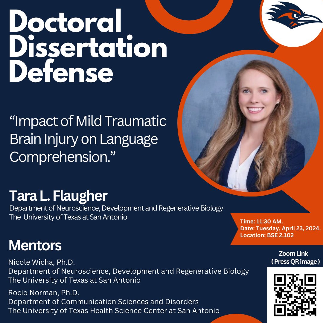 Tara L. Flaugher's dissertation defense on the “Impact of Mild Traumatic Brain Injury on Language Comprehension' is at 11:30 AM, Tuesday, April 23rd! #mTBI #UTSA #UTHSCSA #TXST #Veteran #Navy @UTSA @UTHealthSA @TXST @PatTillmanFnd @SMART_DoD