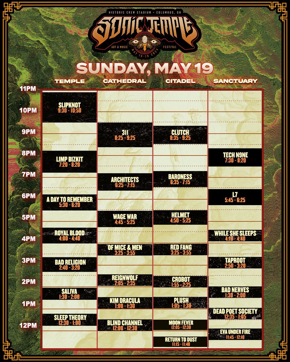 Get set for a massive Sunday lineup at Sonic Temple! This week’s Sunday schedule features performances from @slipknot, @311, @clutchofficial, @limpbizkit, @adtr, and MANY more! Don’t forget to download the Sonic Temple mobile app, presented by @lyteup, launching next week!