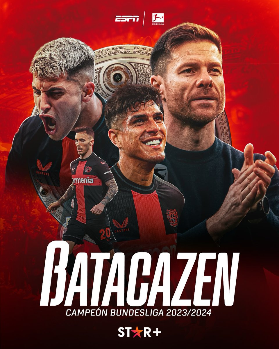 ESPNEcuador's tweet photo. ¡LA XABINETA HISTÓRICA! 😎

¡El #Leverkusen de Xabi Alonso se consagró Campeón de la #Bundesliga 🇩🇪 por PRIMERA VEZ EN SU HISTORIA! 🔥

Festejan Piero Hincapié 🇪🇨 y Exequiel Palacios 🇦🇷.

¡Felicidades, Campeones! 🏆

📺 Mira la Bundesliga por #ESPNenStarPlus. https://t.co/e9ooPYDi9C