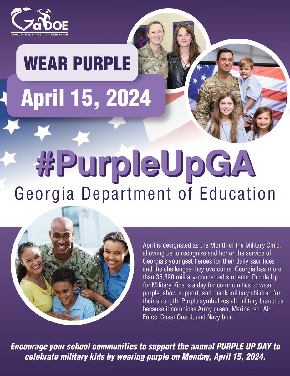 #PurpleUpGA It's Purple Up Day. We are excited to see your photos of you and your friends wearing purple 🟣 to honor military students! Share them with us on social media using #PurpleUpGA!
💜💜💜
