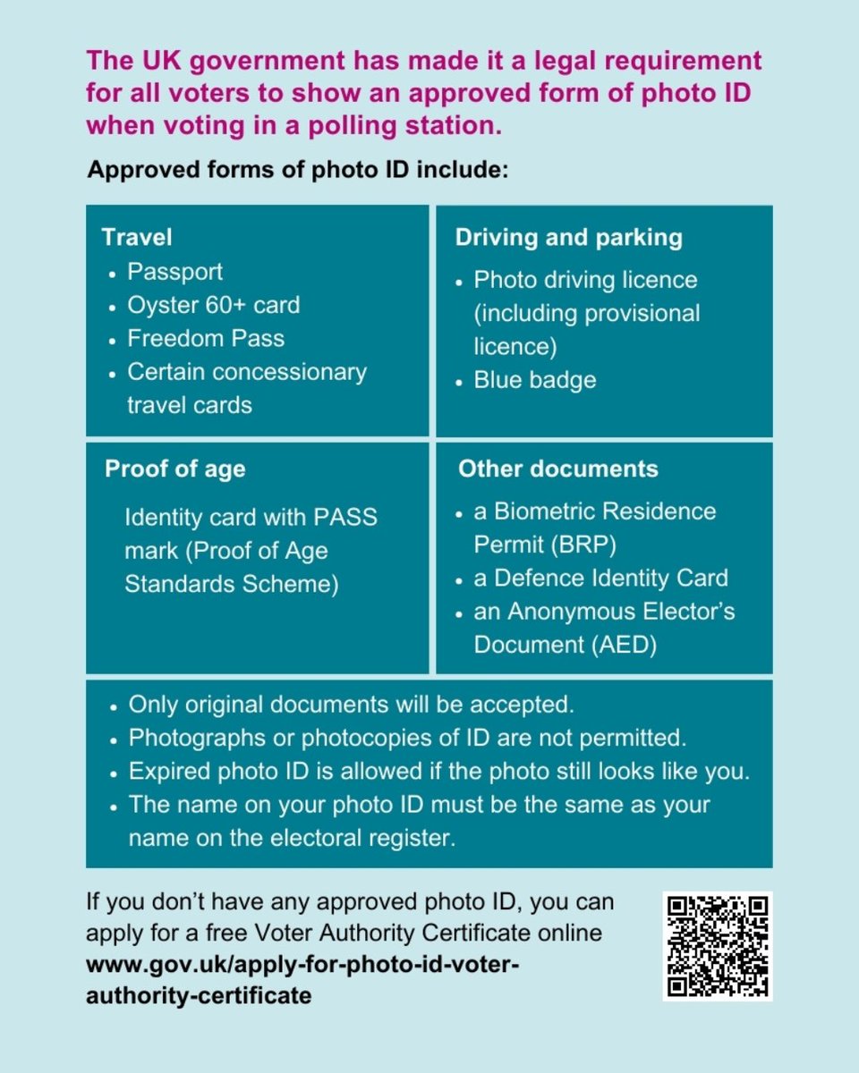 We have elections coming up on 2nd May. The law has changed and voters now need approved photo ID to vote in person. See a full list of acceptable IDs or apply for a free Voter AuthorityCertificate (VAC) here: gov.uk/how-to-vote/ph…