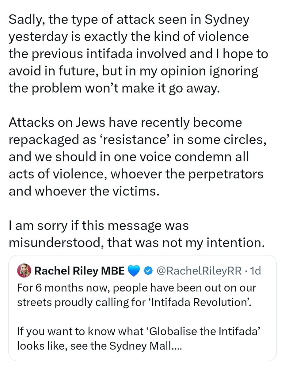 Rachel Riley definitely needs to be sacked. This is the worst kind of non-apology apology. 
It's not Jews who are arrested on Britain's streets just for existing. That's Black and Muslim people. 
It's Muslims who are being massacred in the tens of thousands in Gaza.