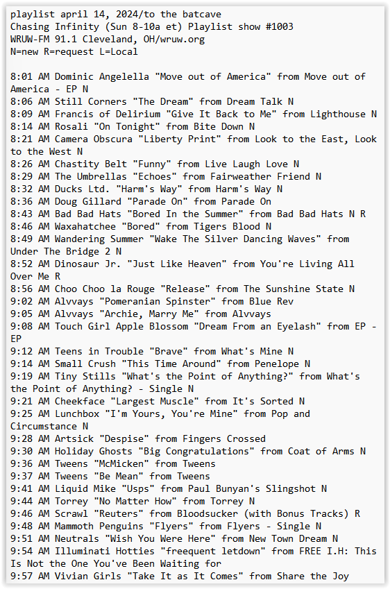 my @WRUW playlist this am ft @drgnkingDOM @StillCorners @frantowndeli @theumbrellassf @CHAST1TYBELT @ducksltdband @BadBadHats @choochoolarouge @teensintrouble @smallcrush @tinystills @cheekfaceREAL @tweensband @ghosts_holiday @liquidmikeband @illuminatihotts + more ⬇️