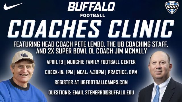 Coaches… you absolutely wouldn’t want to miss this!! Come hang with @Pete_Lembo and UB football staff! Awesome opportunity to talk ball. Incredible opportunity to hear from ✌🏾 time Super Bowl OL coach @CoachMcNallyOL. Come see us!! #UBHU 🤘🏾