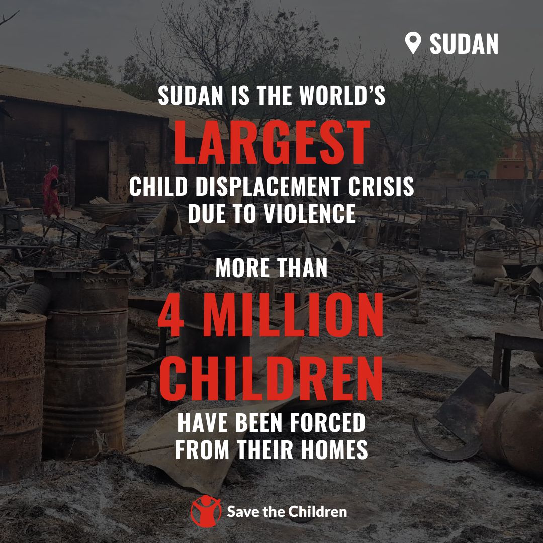 As war enters its 2nd year, #Sudan is the largest child displacement crisis in the world⚠️ 4M children have been forced from their homes. They've left everything behind & many will have nothing to go back to. We're calling for an end to the fighting to protect children's lives.