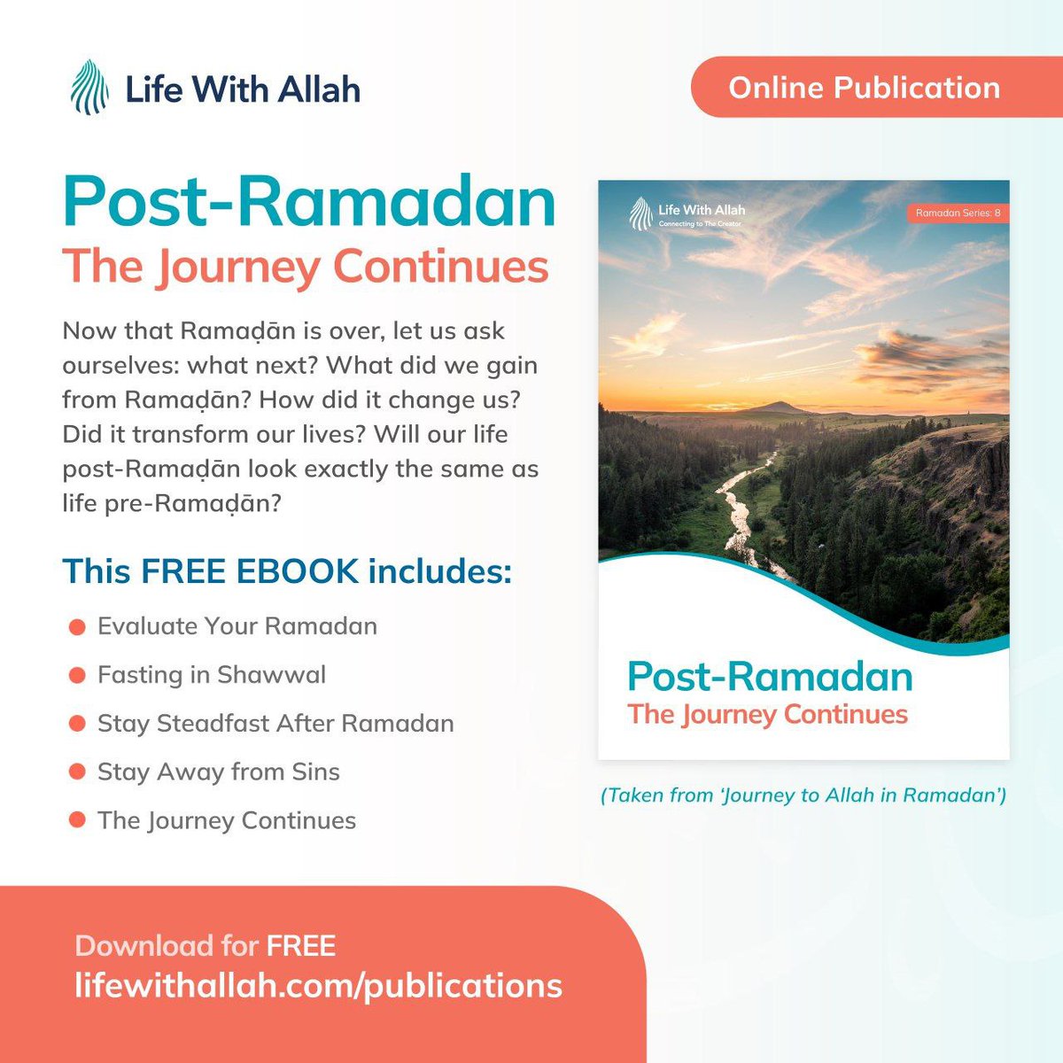 📚 𝗙𝗥𝗘𝗘 𝗘𝗕𝗢𝗢𝗞: 𝗣𝗼𝘀𝘁-𝗥𝗮𝗺𝗮𝗱𝗮𝗻: 𝗧𝗵𝗲 𝗝𝗼𝘂𝗿𝗻𝗲𝘆 𝗖𝗼𝗻𝘁𝗶𝗻𝘂𝗲𝘀 Now that Ramaḍān is over, let us ask ourselves: what next? What did we gain from Ramaḍān? How did it change us? Did it transform our lives? Will our life post-Ramaḍān look exactly the…