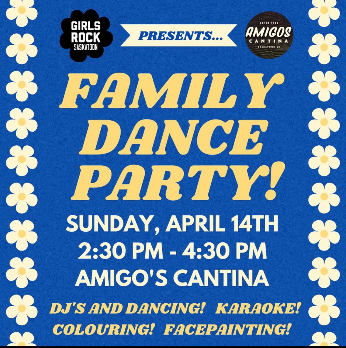Girls Rock Saskatoon presents a FAMILY DANCE PARTY! Today from 2:30pm - 4:30pm Entry by donation A ton of fun for all humans of all ages! A stellar Dj, an excited dance floor, a craft table and Face Painting by donation! facebook.com/events/9516650…