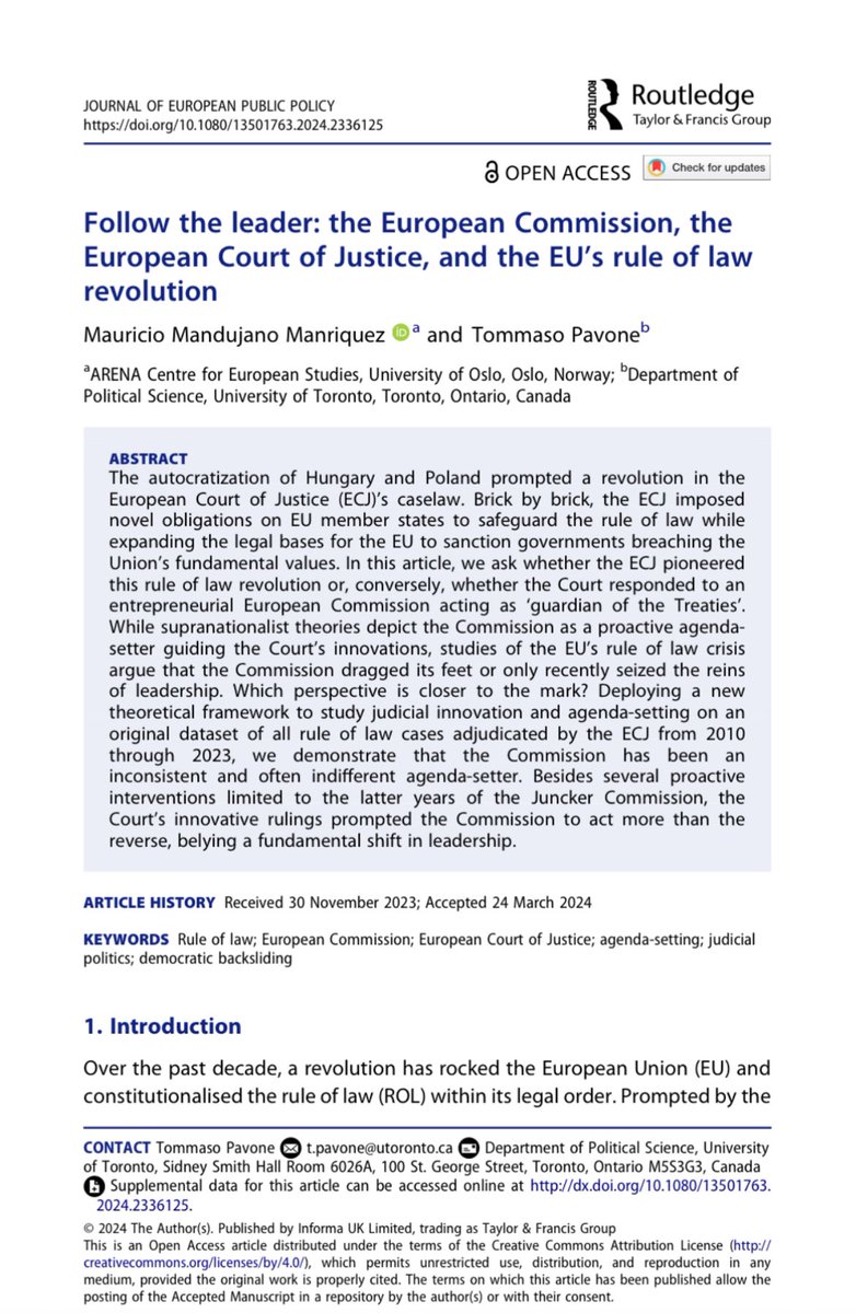 𝐎𝐟𝐟𝐢𝐜𝐢𝐚𝐥 𝐏𝐚𝐩𝐞𝐫 𝐀𝐥𝐞𝐫𝐭❗️ Who is wielding the enforcement of EU law to address democratic and rule of law backsliding in 🇪🇺? Just published in @jepp_journal, @Tom_Pavone and I answer this with a new dataset, measurement of legal innovation and some graphs. 🧵1/9