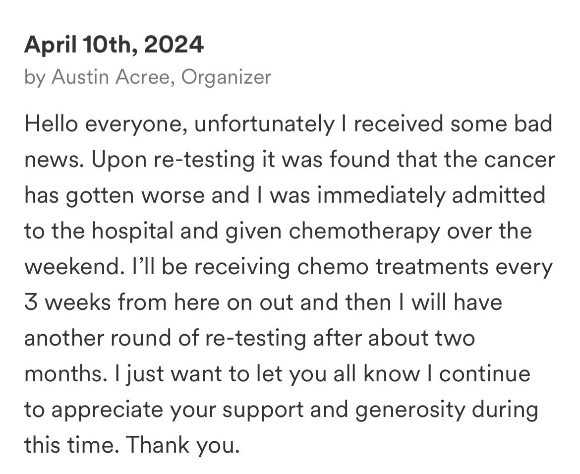 Ahead of our fundraising event at the BGCC on May 18th, @Garrote_1 could really use your help!

If you're able to donate while Austin undergoes chemotherapy treatment, please click the link.

Also, a simple repost is a massive help as well. 🙏
gofundme.com/f/xdcbwj-austi…