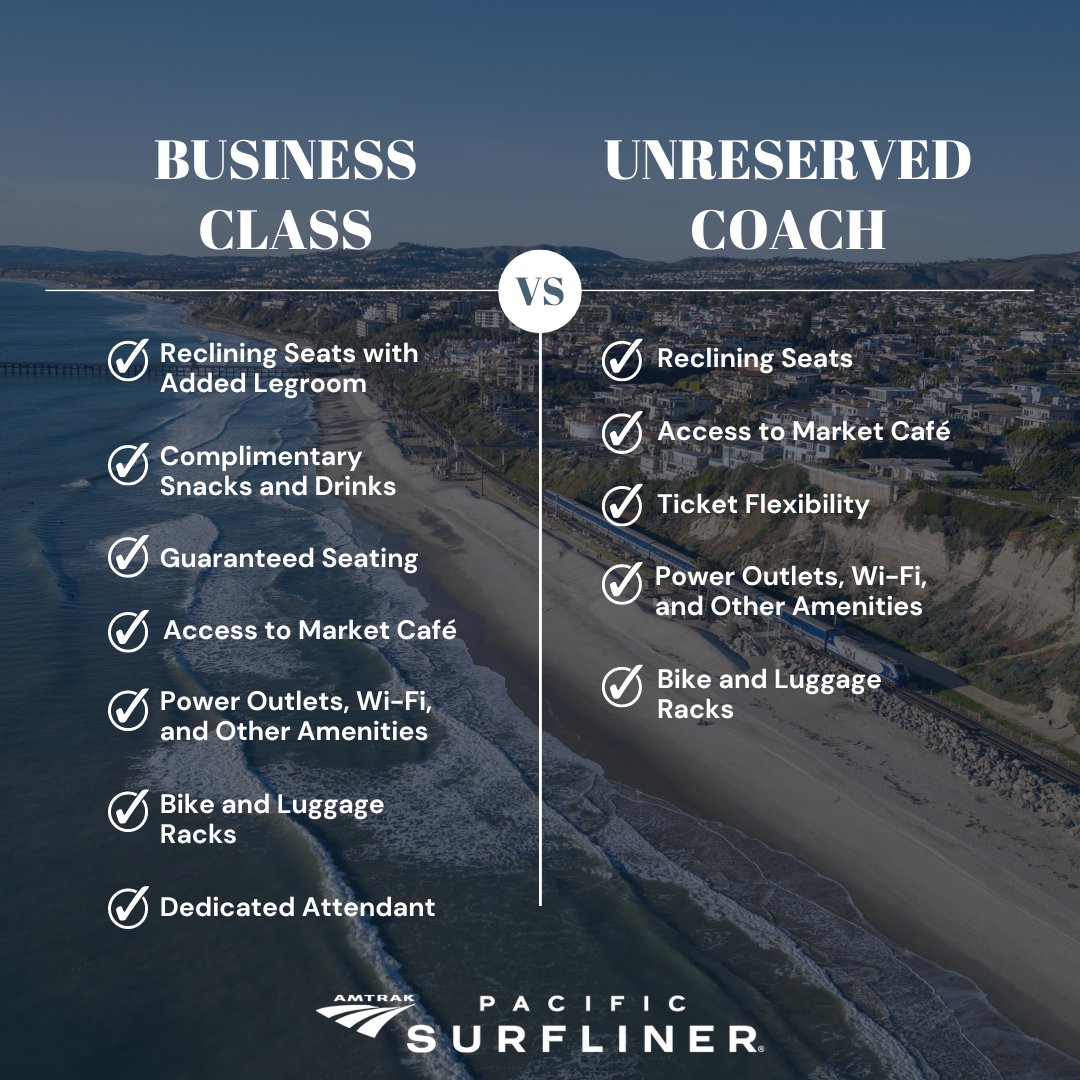 Pacific Surfliner, your way! 🚆 Whether you prefer the premium amenities of Business Class or the flexibility of Unreserved Coach, find the perfect match for your next journey with us.