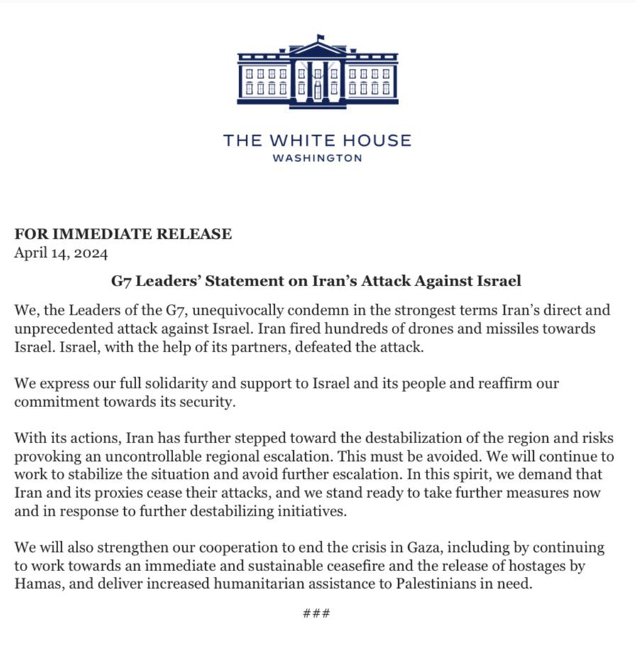 “We express our full solidarity and support to Israel and its people and reaffirm our commitment towards its security.” G7 Leaders’ Statement on Iran’s Attack Against Israel 🇺🇸🇫🇷🇨🇦🇯🇵🇩🇪🇬🇧🇮🇹