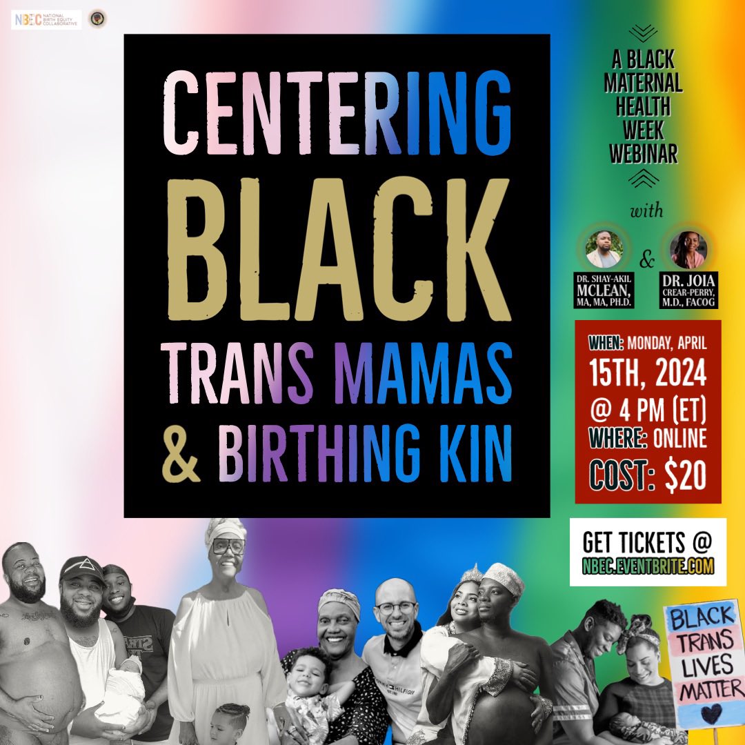 Join @doccrearperry & I TOMORROW, April 15th at 4 pm (ET), for our #BMHW24 webinar “Centering Black Trans Mamas & Birthing Kin”, where we examine how Eurocolonial binary sex & gender fuels transphobia & attacks on reproductive rights, & how the sexual & reproductive health of