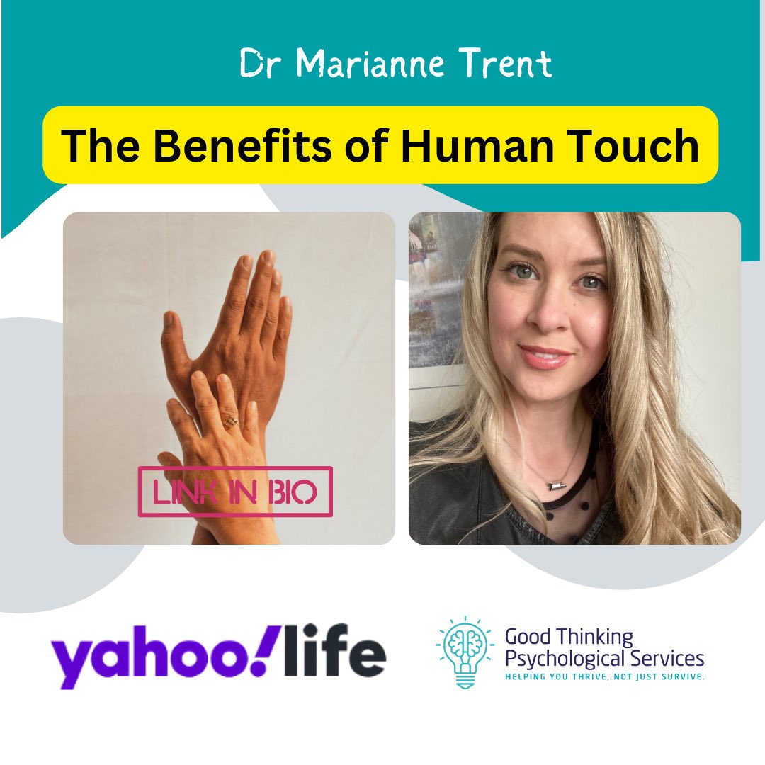DrMarianneTrent's tweet photo. What are the unique benefits of human touch? It was my pleasure to speak with @YahooLifeUK and @hannahmils_ for this article.
#cuddle #massage #humantouch #touch #massage #mediapsychologist #media #presscoverage #seo #yahoo #yahoolife
https://t.co/zKIfzI1FKH https://t.co/VPEFOBscHf