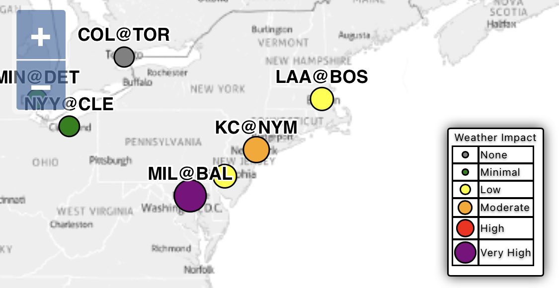 We are tracking weather impacts in the Northeast for today’s MLB games. Visit bettor-weather.com for details.
