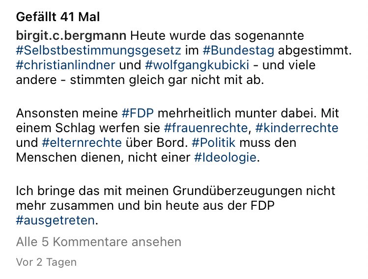 Die ehemalige Bremer FDP-Bürgerschaftsabgeordnete, Frau Birgit Bergmann, ist aufgrund des sog. #Selbstbestimmungsgesetz|es aus der Partei ausgetreten. Die @fdp wirft Frauen-, Kinder- und Elternrechte über Bord, um einer Ideologie zu dienen. #FrauenSagenNein