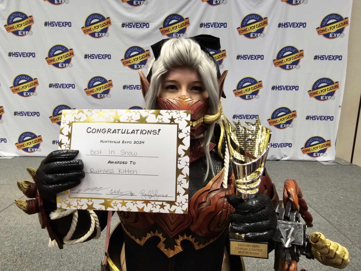 kitten_ruthless's tweet photo. UNBELIEVABLE NEWS!! Last night I won my first cosplay award ever (BEST IN SHOW WHATTT?!?!) at @hsvexpo and I’m a puddle of tears from how happy this makes me. My biggest dream has come true and now I’m ready to start practicing my skills to compete in the JOURNEYMAN category 🥹❤️ https://t.co/kozzyVjJ8K