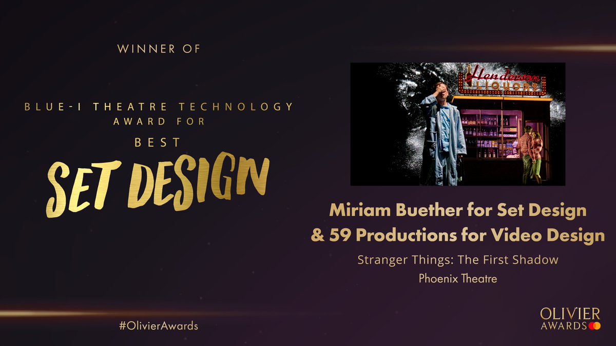 The @Blueitheatre Award for Best Set Design goes to #MiriamBuether for Set Design & @59productions for Video Design for @STOnStage at the @phoenixtheatrelondon. #OlivierAwards