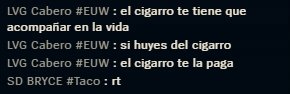 Tras poner el 1-0 en la serie, el midlaner rival se queda encerrado fuera de casa por fumar.

Por ello, nuestro midlaner (experto en el tema) procederá a darle individuals sobre como realizar dicho acto 🚬