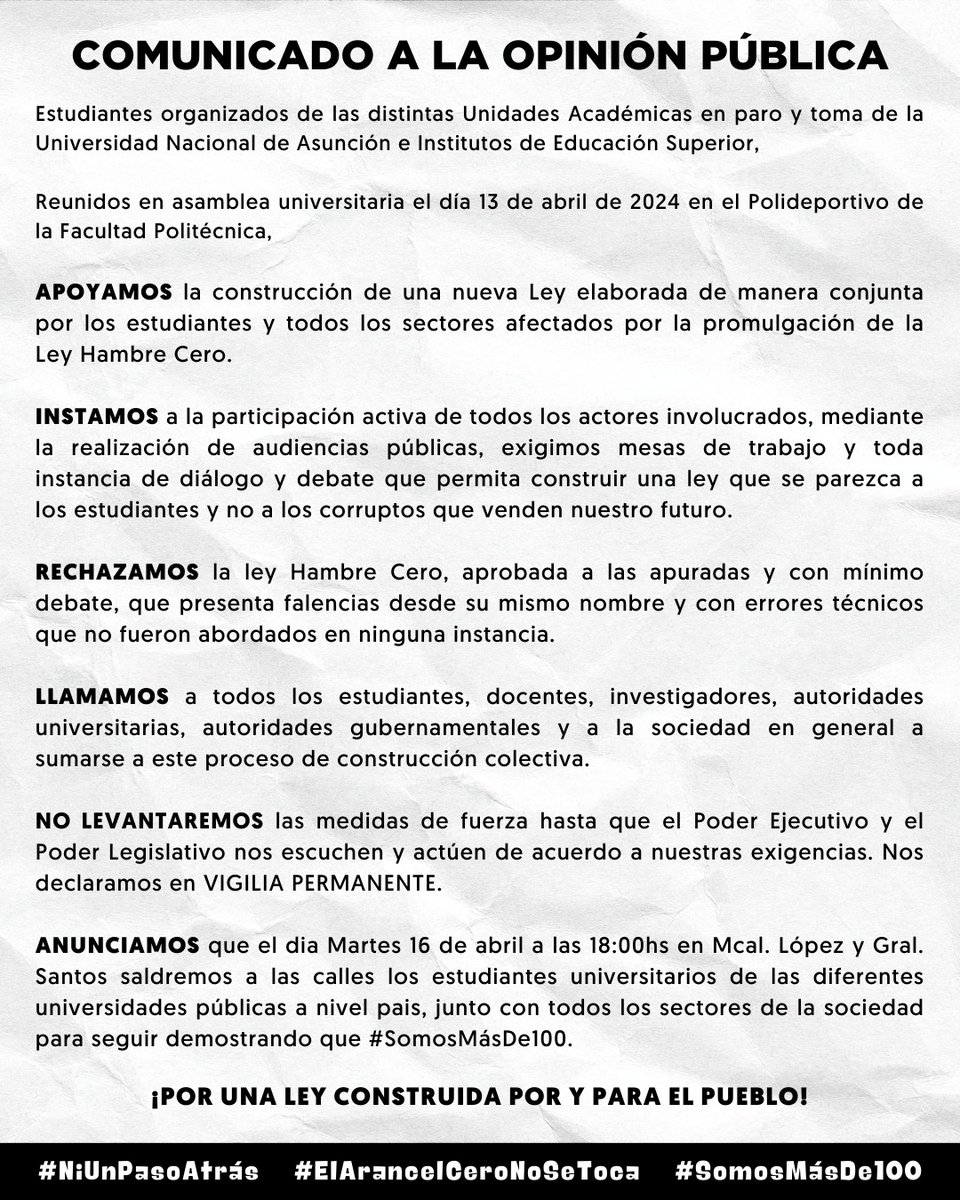estfacenuna's tweet photo. Comunicado a la opinión pública !!

Estudiantes organizados de las distintas Unidades Académicas en paro y toma de la Universidad Nacional de Asunción e Institutos de Educación Superior, https://t.co/yYMAmc92vH