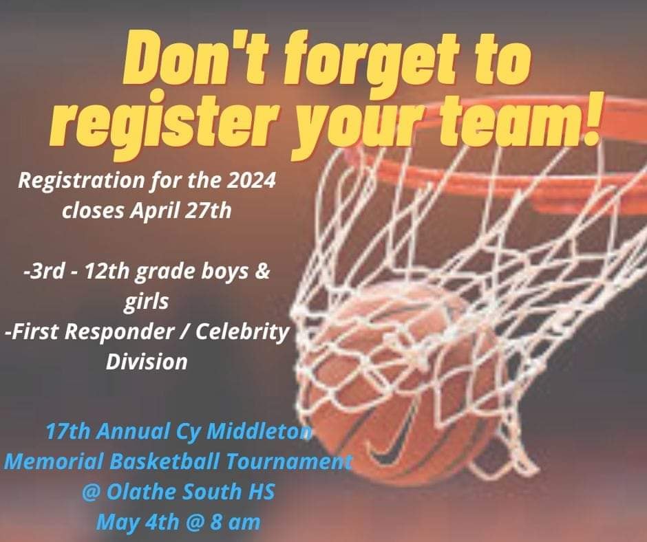 13 days left to register! ‼️ Don't forget to register your team for the 2024 basketball tournament. 🏀 Registration closes Saturday April 27th at 11:59 pm REGISTER HERE tourneymachine.com/Register/h2021… -3rd - 12th grade boys & girls -First Responder / Celebrity Division Olathe, Kansas