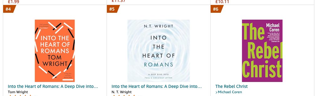 6 on religion list on @AmazonUK and below 2 books by the great @ntwrightonline @NTWrightSays. It's almost 3 years since The Rebel Christ was published so this is extremely gratifying. Thanks to @Telegraph - my column this weekend has a lot to do with this.
