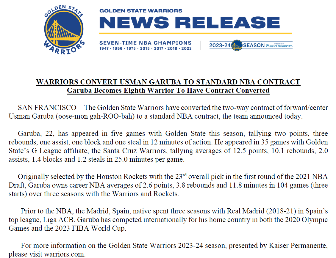 The Warriors have converted the two-way contract of forward/center Usman Garuba to a standard NBA contract: