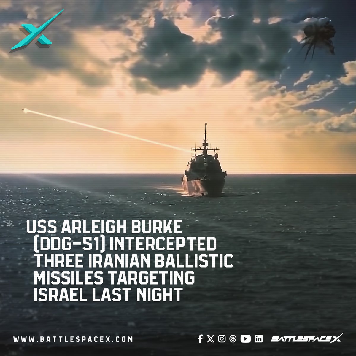 BattlespaceX's tweet photo. USS Arleigh Burke (DDG-51) intercepted three Iranian ballistic missiles targeting Israel last night | https://t.co/b8LWDucFCr
https://t.co/pYd2HCQsF4
#BattlespaceX #iran #israel #gulfwar #Gaza #GazaWar #iranianmissiles #ussarleighburke #usnavy #usnavalforces #unitedstates #UnitedStatesNavy #ircg