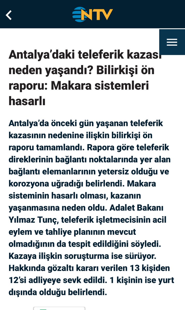 Antalya teleferik kazası bilirkişi ön raporu açıklandı: Makara sistemleri hasarlı olduğu için kaza oldu. #NetworkŞikesiVAR Mücahit Birinci #FKGvFB Zaniolo Karagümrük-Fenerbahçe