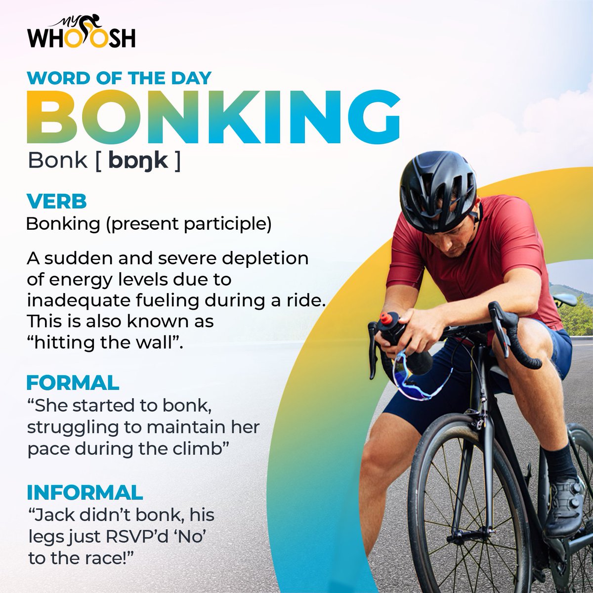 Ever felt like you've hit a wall mid-ride? 🚴‍♂️💥 That's what 'bonking' in the cycling world is called– a sudden energy crash due to inadequate fueling. Have you ever experienced it? #MyWhoosh #Bonking #IndoorCycling #VirtualCycling