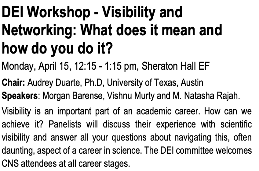 Come to our CNS DEI session tomorrow on visibility and networking! All our welcome, especially trainees. Come with questions! #CNS2024