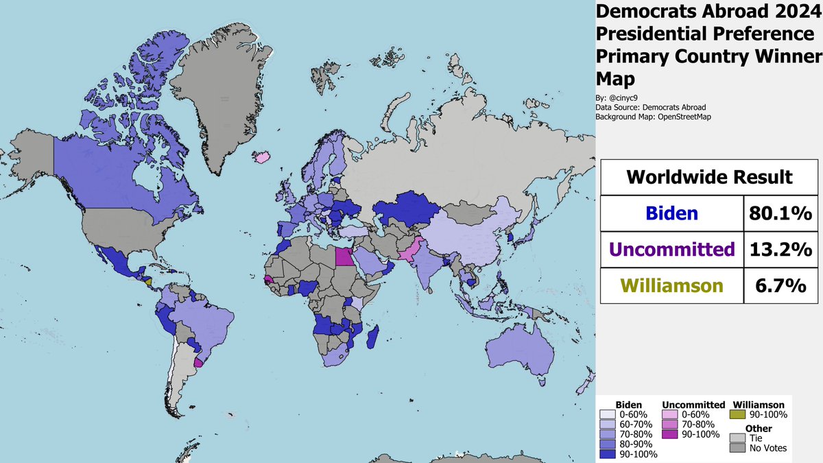 Democrats Abroad cast their Democratic Presidential Preference Primary votes from March 5-12. The traditionally colored country winner map. President Biden handily won Democrats in most countries, except in some in the Middle East and Uruguay.