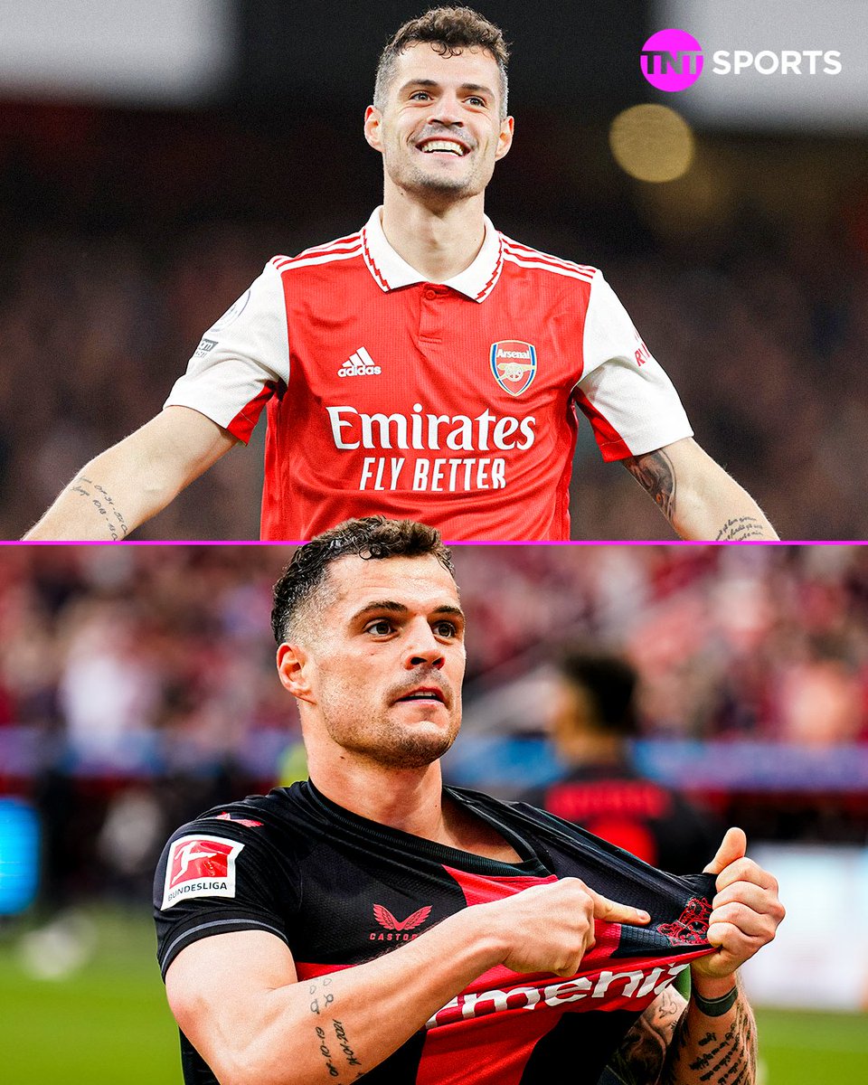 footballontnt's tweet image. Granit Xhaka left Arsenal in search of a 'new challenge' last summer. 

The midfielder has played a vital part in taking Bayer Leverkusen to their first-ever Bundesliga title and a 4⃣3⃣ game-unbeaten run. 

𝐖𝐇𝐀𝐓 𝐀 𝐌𝐎𝐌𝐄𝐍𝐓 🫶