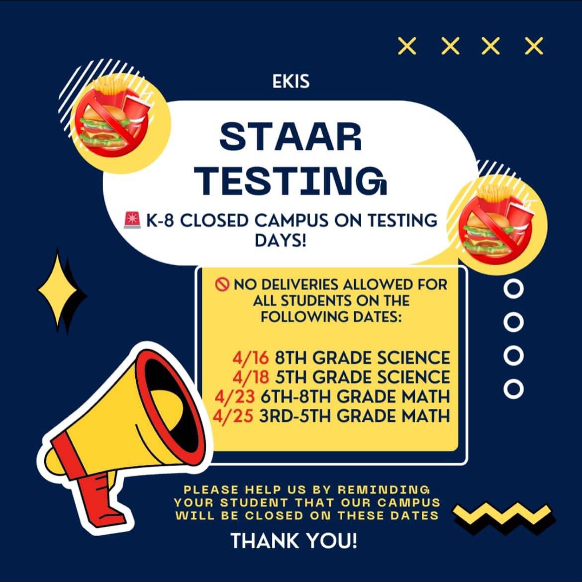 We Have a Great Week Coming Up @EastwoodKnolls 💛💙🔥🐉 A Gentle Reminder to ALL Our Family Members that We Will Remain a Closed Campus on Testing Days and Will Not Allow Food Deliveries. 🚫🍔🌯🍕🚫 Help Us In Reminding Your Kiddo of the Dates Listed Below: ⬇️ ⬇️⬇️⬇️⬇️⬇️