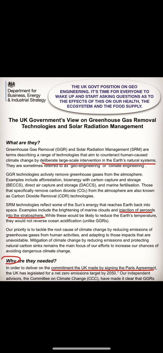 🚨🇬🇧 UK Government position on Geo-Engineering 

Not a conspiracy- they are blocking out the Sun under the pretence of ‘Climate Change’

You are missing out on precious Vitamin D & all the other benefits precious Sunlight brings, not withstanding all the other obvious risks 

IT…