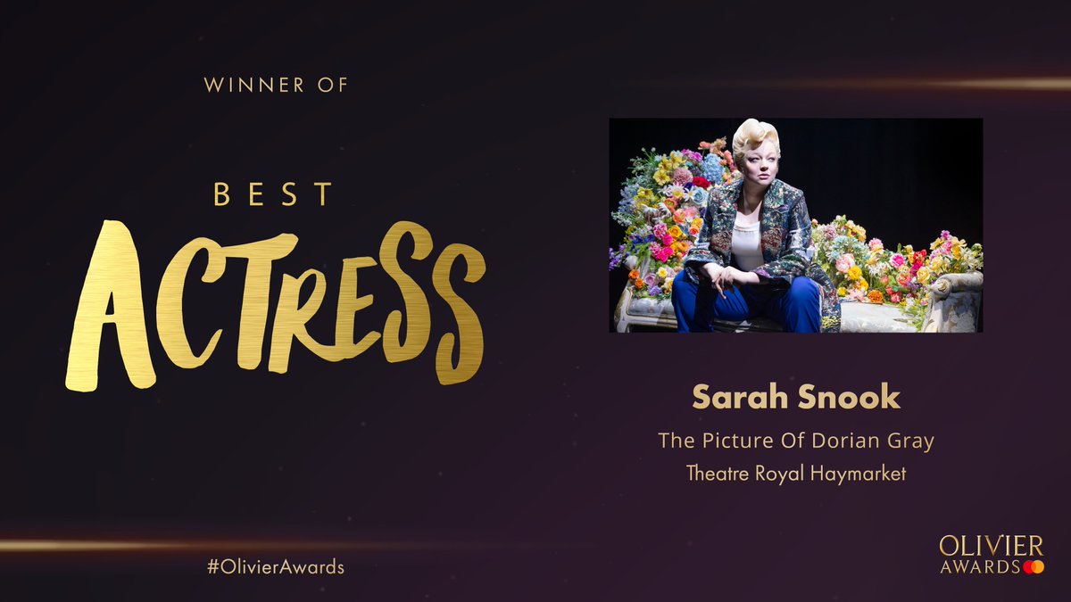 The Olivier Award for Best Actress goes to #SarahSnook for @DorianGrayPlay at the @TRH_London. #OlivierAwards