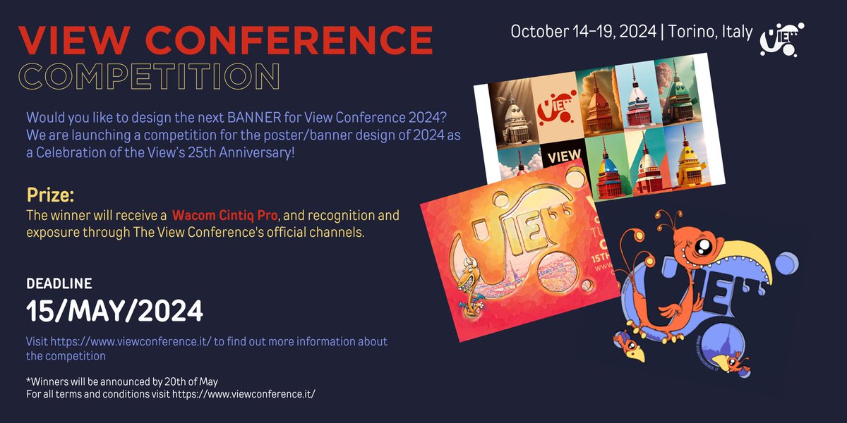 Enter today @ViewConference #artchallenge design 2024 poster & win a Wacom Cintiq Pro. 

Celebrate #viewconference’s 25th Anniversary by sending us your artworks. 

 guidelines here:
viewconference.it/article/957/vi…

#artcompetion #thefuturewewant #animation #vfx #games #art #ai #cgi