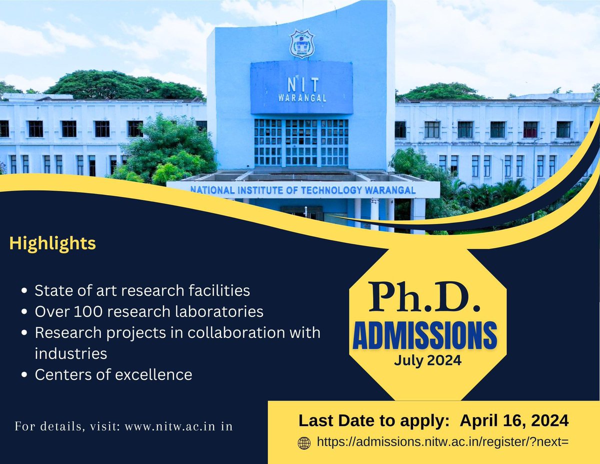 📢 Exciting News for aspiring scholars! 🎓 The deadline for PhD admissions has been extended to April 16, 2024. Don't miss this opportunity to embark on your research journey at NIT Warangal! Visit nitw.ac.in for more information. #PhDAdmissions #NITWarangal #nitw