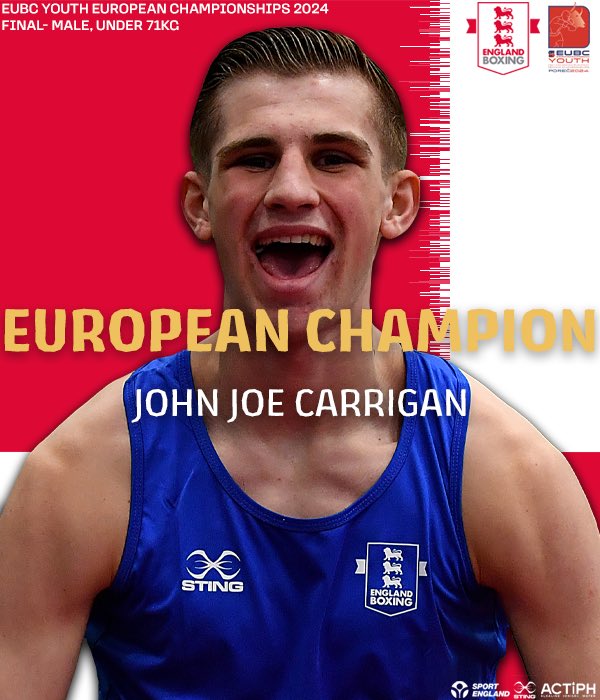 YOUR EUROPEAN CHAMPION 🥇 Male, Under 71kg - John Joe Carrigan (England) beat Oleh Hichva (Ukraine) by a unanimous decision. #EnglandPerformance | #YouthEuros24