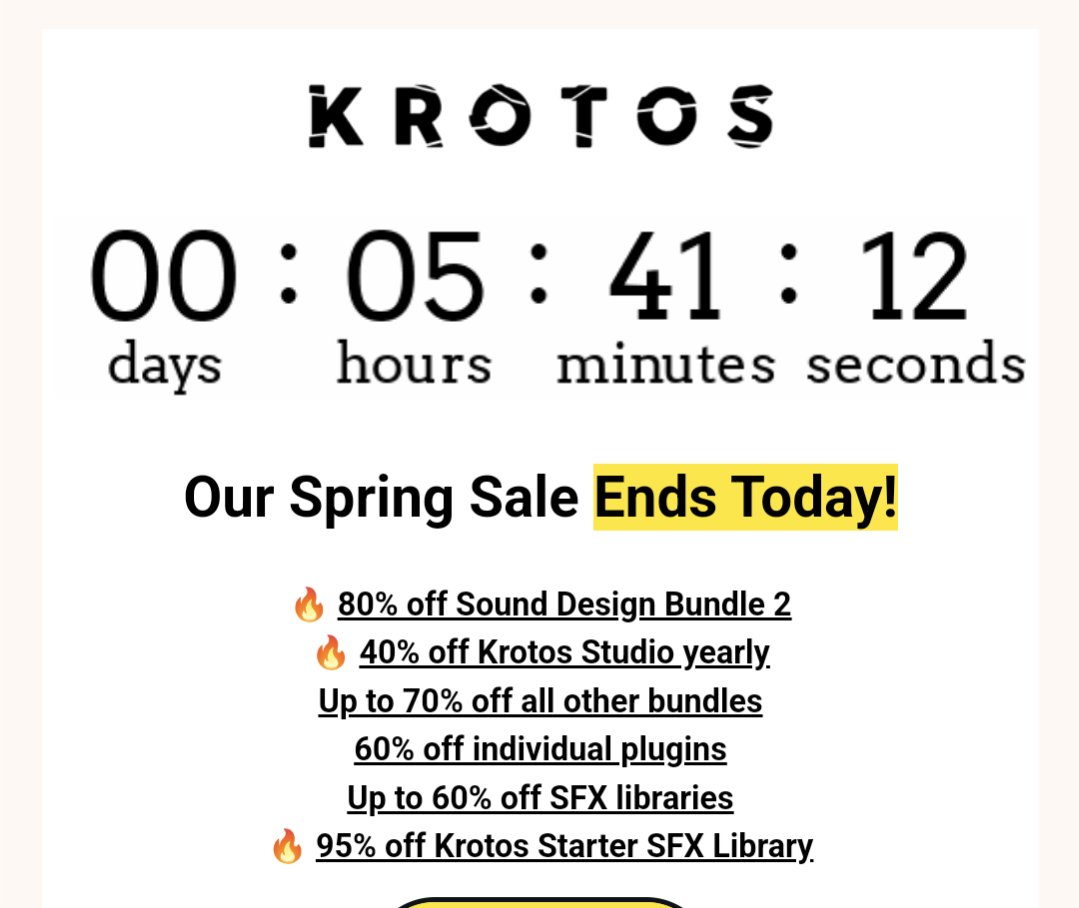 sfxswap's tweet image. It's the last few hours to get these crazy deals from @KrotosAudio!!

Use our link to help support the SFX Swap with every purchase:

krotosaudio.com/?krotos=sfxswap