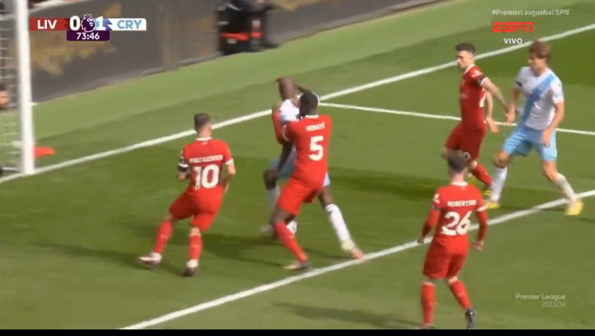 Yes he got the shot away and no idea how Allisson saved it but surely a pen for Konate acting like he’s Mateta’s backpack. How are you supposed to shoot properly with a defender like that? #LIVCRY