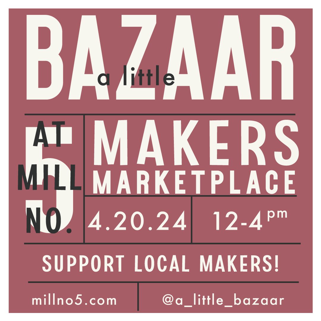 Next up: #ALittleBazaar’s Makers Marketplace featuring all things made by local artisans & makers. Come shop + #supportlocal!

We’ll have Signature + #Spring scents in our hand-poured #candles, #waxmelts and air + linen sprays! Great #gifts for #MothersDay!

#millno5 #lowellma