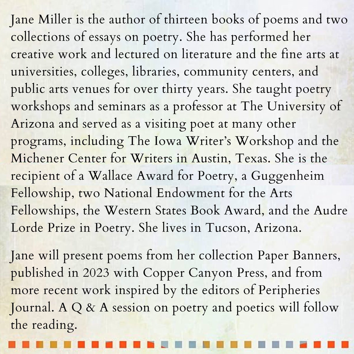 Peripheries (@_peripheries) on Twitter photo Reading & Q&A with Jane Miller this Wednesday, 4/17 at 4pm, CSWR Common Room <a href="/HarvardDivinity/">Harvard Divinity</a>! Jane will present poems from Paper Banners (@copper_canyon_press 2023) & from more recent work. Zoom & in-person registration: tinyurl.com/yj5yk6r9 Reading & Q&A with Jane Miller this Wednesday, 4/17 at 4pm, CSWR Common Room <a href="/HarvardDivinity/">Harvard Divinity</a>! Jane will present poems from Paper Banners (@copper_canyon_press 2023) & from more recent work. Zoom & in-person registration: tinyurl.com/yj5yk6r9