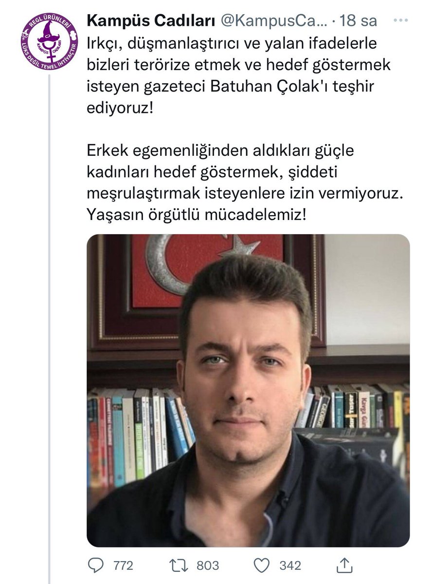 Şehit Fırat Çakıroğlu'nu hedef gösteren Kampüs Cadıları isimli örgüt gazeteci Batuhan Çolak'ı da hedef göstermişti.

(5/5)